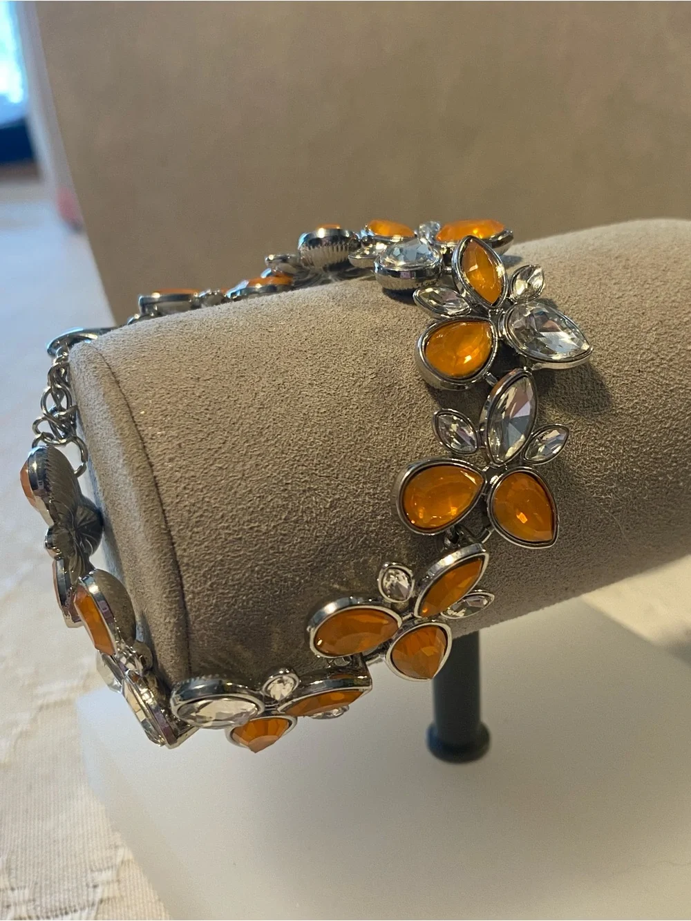 Crystal Floral Statement Necklace in Orange and Clear Sparkly Rhinestones